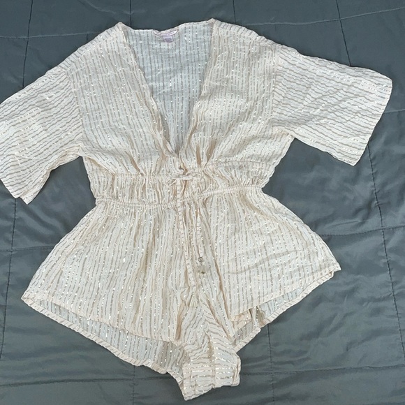 Victoria’s Secret Shine Striped Romper Cover Up peach rose gold metallic low cut - Picture 4 of 12